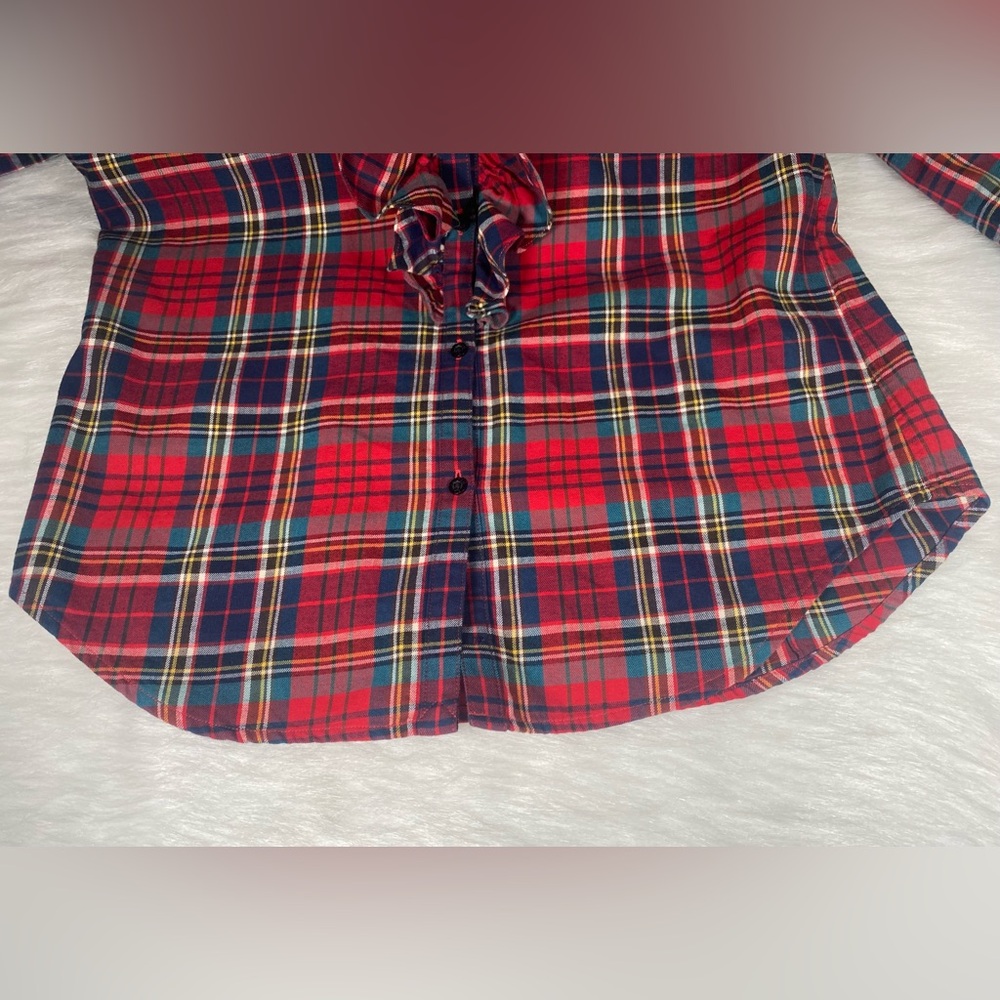 Lauren Ralph Lauren Red Blue Plaid Ruffle Front Shirt 100% Cotton LRL sz M - Picture 11 of 11